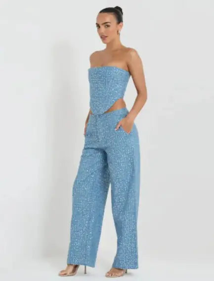 Abigail Denim Sequined Tube Top Pants Suit