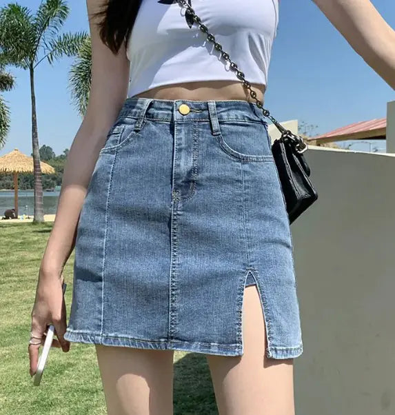 American Girl Denim High Waist Slit Skirt