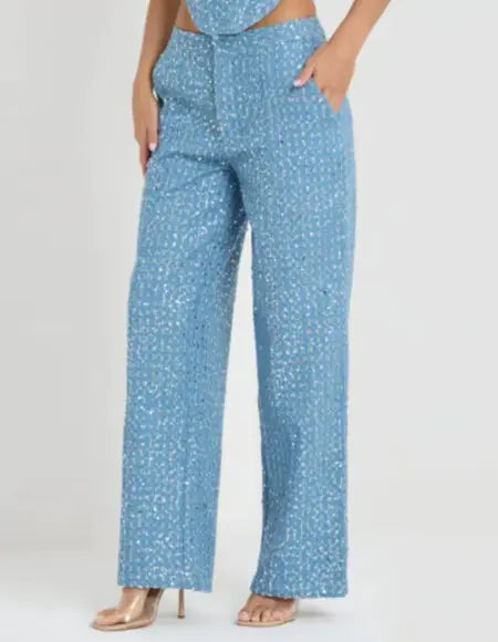 Abigail Denim Sequined Tube Top Pants Suit