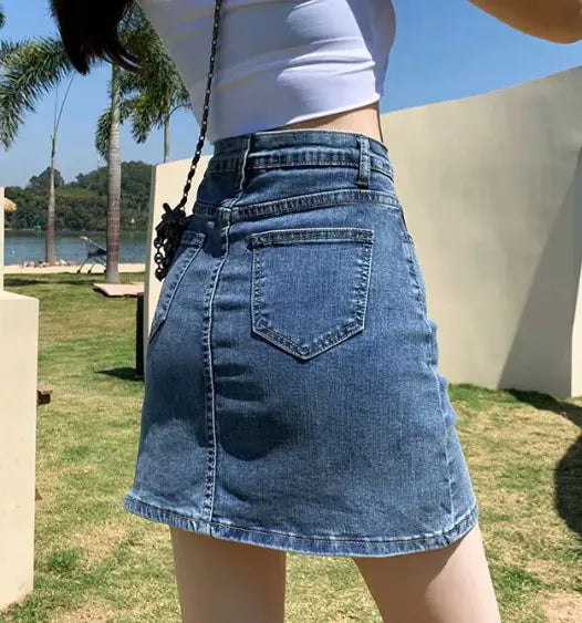 American Girl Denim High Waist Slit Skirt